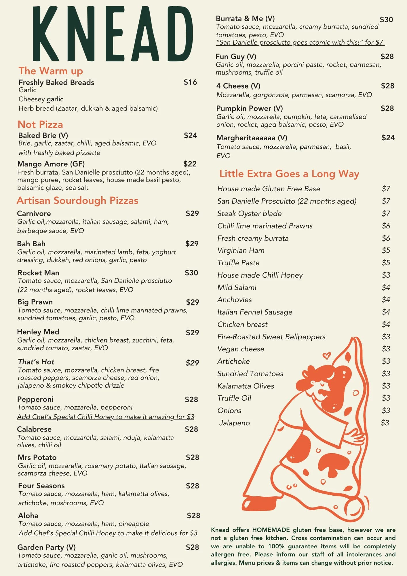 Knead Pizzeria menu: starters, artisan sourdough pizzas and extras